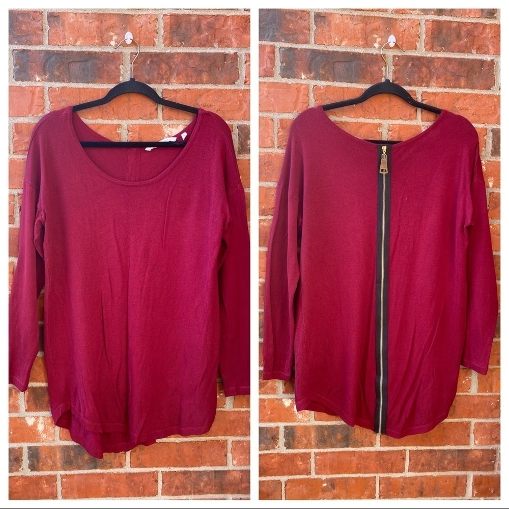 Soft Surroundings Meidum Margulies Marroon Exposed Zipper Back Long Sleeve Top